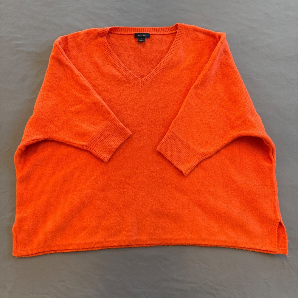 Halogen‎ Womens Orange Oversized V-Neck Sweater Elbow Sleeve Side Slit Medium